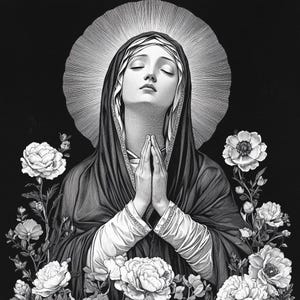 4 images clipart floral Vierge Marie Notre-Dame avec des fleurs Design minimaliste en PNG numérique noir et blanc Madonna en prière Carnets d'artisanat en papier