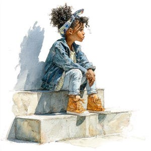 May include: Watercolor illustration of a young person sitting on concrete steps. They wear a denim jacket, light blue jeans, and tan high-top sneakers. A patterned headband adorns their curly hair. The artwork has a soft, sunny aesthetic.