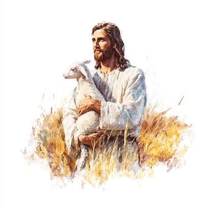 May include: An artistic depiction of a figure with long brown hair and a beard, wearing a white robe, cradling a white lamb. The background features golden wheat-like grass, creating a serene and pastoral scene.