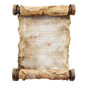 May include: An aged parchment scroll with handwritten text. The paper has a distressed, weathered appearance with brown and tan tones. The scroll is rolled at both ends with decorative, dark brown cylindrical accents.