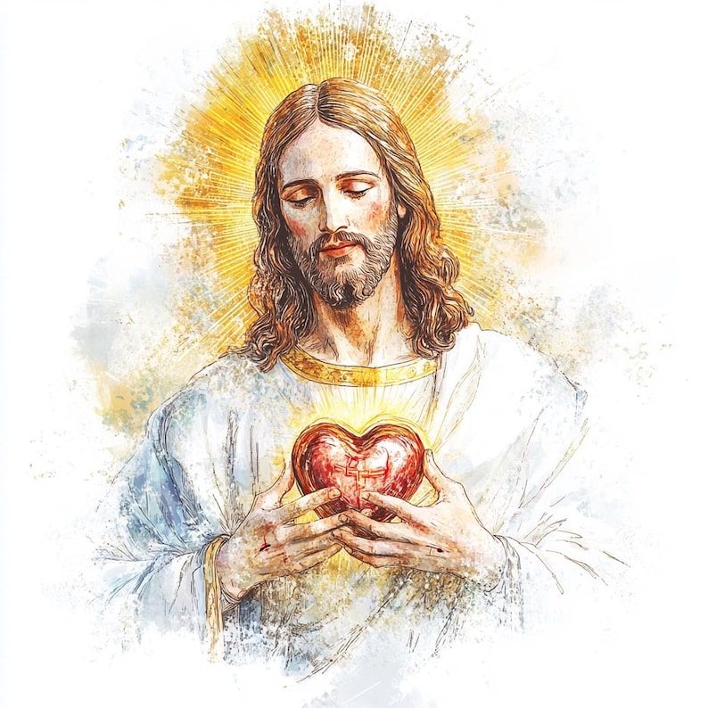 May include: Watercolour illustration of a figure with long brown hair and a beard, wearing a white robe. The figure holds a red heart with a cross, surrounded by a golden halo. The image has a soft, artistic style.