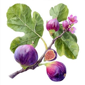 May include: Watercolour illustration of a fig branch with ripe purple figs, green leaves, and small pink flowers. One fig is cut open, revealing the red interior. The artwork is set against a white background.