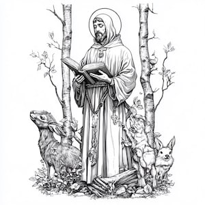 7 Heiliger Franz von Assisi Clipart Digital Download mit Tieren schwarz weiß Design Linie Kunst gezeichnet Bündel Glaube Papier Handwerk Junk Journal