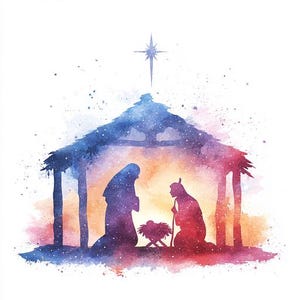 May include: Watercolor illustration of the Nativity scene. The image depicts the silhouettes of Mary, Joseph, and baby Jesus in a manger, under a rustic shelter, with a star above. The color palette includes shades of blue, purple, red, and orange.