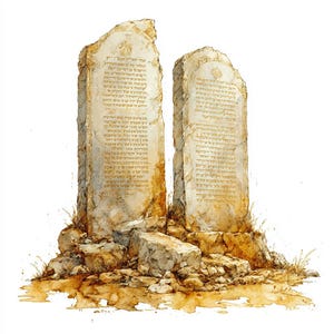 Puede incluir: Ilustración en acuarela de dos tablas de piedra con texto hebreo, sobre una base rocosa con hierba dispersa. Las tablas son de color beige claro con texto y detalles dorados, lo que sugiere un tema antiguo o histórico.