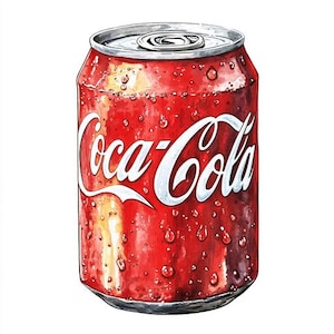 May include: A watercolor illustration of a Coca-Cola can. The can is red with the Coca-Cola logo in white. Water droplets are visible on the can's surface, suggesting it is cold. The can has a silver top.