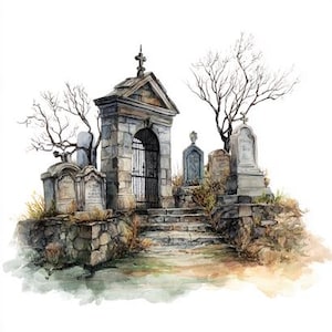 8 Abandoned Cemetery Gate Clipart Watercolor Printable High Quality PNGs Digital Download Junk Journals Paper Crafts Scrapbooking Images DIY