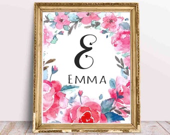 Kinderzimmer Blumendekor Emma Name Art Emma Namensschild Emma Kinderzimmer Zeichen Emma Baby Emma Geschenk Aquarell Blumenkranz Wandkunst, Emma printable