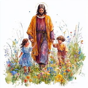 9 Gesù con bambino e bambina Clipart Gesù con bambino Bambini Acquerello colorato Stampabile Alta qualità PNG Artigianato Junk Journal Uso commerciale