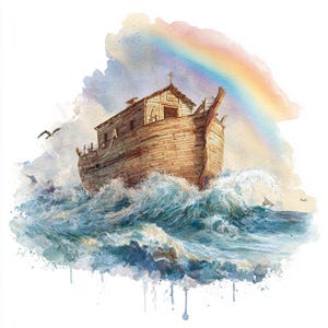 8 Noah’s Ark Clipart, Rainbow Sea Biblical Scene PNG, Noahs Ark Watercolor Printable Bible Story High Quality PNGs Paper Craft Junk Journals