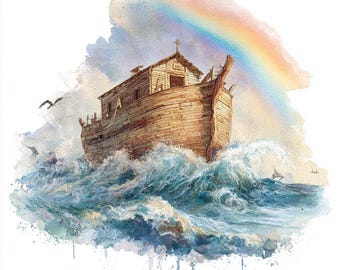 Könnte beinhalten: Aquarellillustration der Arche Noah, die unter einem Regenbogen durch stürmische blaue Wellen segelt. Die hölzerne Arche hat ein kleines Gebäude mit einem Kreuz. Vögel fliegen am Himmel.