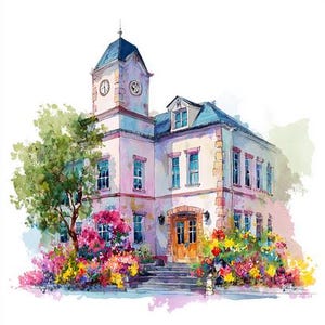 Peut inclure: Aquarelle d'un bâtiment avec un clocher, un toit bleu et plusieurs fenêtres. Le bâtiment est entouré de fleurs colorées dans les tons de rose, de rouge, de jaune et de vert. Un arbre se trouve sur le côté gauche du bâtiment.