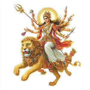 Op de afbeelding: Een levendige illustratie van een godheid die op een gouden leeuw rijdt. De godheid, versierd met sierlijke kleding en sieraden, houdt verschillende symbolische objecten vast. Een gouden halo omringt het hoofd van de godheid en de leeuw is versierd met bloemmotieven.