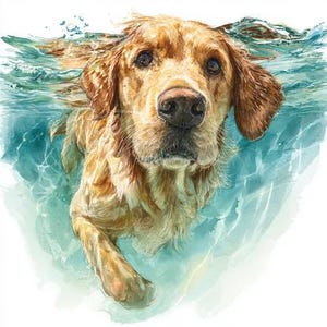 Pode incluir: Uma pintura em aquarela de um cão golden retriever nadando em água clara e turquesa. A cabeça e as patas dianteiras do cão são visíveis, com sua pelagem molhada e seus olhos focados. A obra de arte captura a natureza brincalhona do cão.