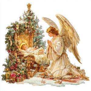 May include: A vintage Christmas illustration depicts an angel kneeling in prayer before the baby Jesus in a manger. A decorated Christmas tree and gifts are in the background. The angel wears a white robe with gold accents and has large, feathered wings.