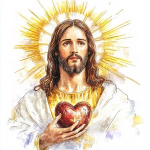 May include: Watercolour illustration of a man with long brown hair, a beard, and a golden halo. He wears a white robe and holds a red heart with a cross. The artwork has a soft, ethereal quality.
