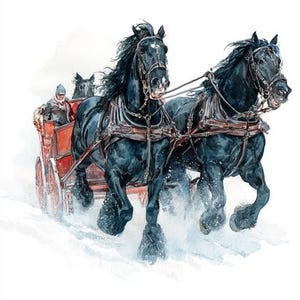 8 Sleigh Ride Clipart, Snowy Forest Printable, Black White Horses, Winter Scene Card Making, Clipart Watercolor, Paper Crafts, Junk Journals