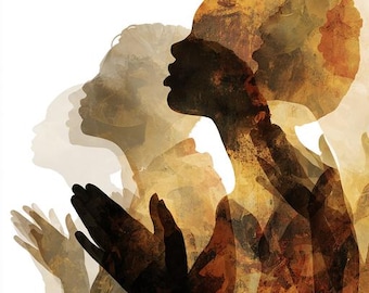 8 Clipart astratte di donne e uomini africani che pregano, arte murale moderna con profili etnici, PNG stampabili con acquerelli, download digitale di diari artigianali POD