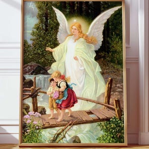 Schutzengel mit Kindern, die eine Brücke überqueren, um Kinder zu überqueren Vintage Bild druckbares Poster für Handwerk Kinderzimmer-Digital-Wand-Kunst