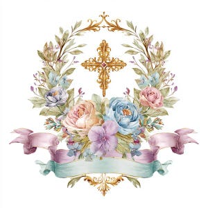Könnte beinhalten: Aquarellillustration eines Blumenkranzes mit einem goldenen Kreuz in der Mitte. Der Kranz zeigt pastellfarbene Rosen, Lavendelblüten und grünes Laub. Unten befindet sich ein Band in Rosa- und Türkistönen.