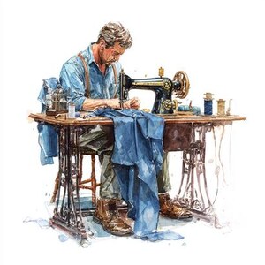 May include: Watercolor illustration of a tailor at work. A man in a blue shirt and brown boots sits at a wooden table with a vintage black sewing machine. Blue fabric is draped over the table, with spools of thread and tools nearby.