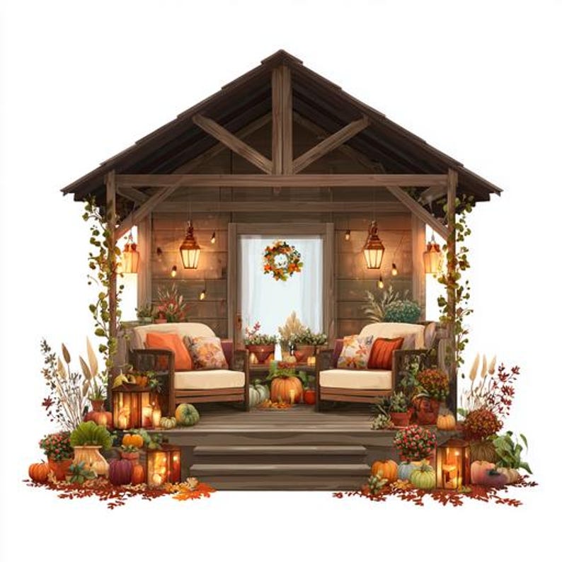 Veranda Collage 8 Autumn House Porch Clipart, Fall Veranda Watercolor Printable ...