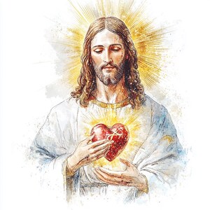 May include: A watercolour illustration of a man with long brown hair and a beard, wearing a white robe. He holds a red heart with a cross, radiating a golden light. The image has a soft, artistic style with watercolour effects.