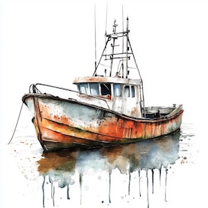 8 Clipart di barche da pesca ad acquerello, vecchie, sporche, vintage, nautiche, stampabili, download digitali, PNG di alta qualità, carta per bricolage, diari spazzatura