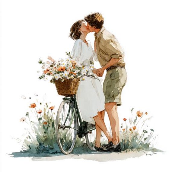 自転車に乗ってキスをするカップルのイラスト8点セット、恋する男女