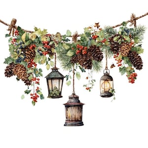 May include: A watercolour illustration of a festive garland featuring pine cones, red berries, and greenery. Three antique lanterns are suspended from the garland. The lanterns have a rustic, vintage aesthetic, creating a warm, inviting holiday scene.