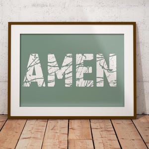 AMEN Trendy Green Christian Wall Decor, Bible Verse, Poster Abstract Art Biblical, Minimalist Catholic Artwork Cute Christian Horizontal Art