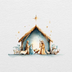 May include: Watercolor illustration of the Nativity scene. The image depicts the Holy Family in a stable, with a star above. The scene includes Mary, Joseph, baby Jesus, animals, and a thatched roof. The color palette is soft, with blues, browns, and gold.