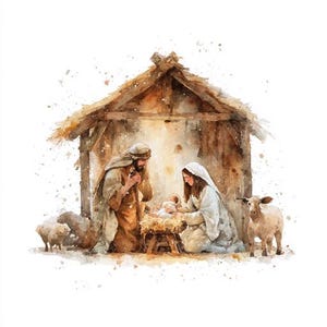 May include: Watercolor illustration of the Nativity scene. Mary and Joseph are depicted with baby Jesus in a manger, inside a rustic wooden stable. Sheep and other animals are also present, with a white background.