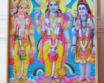 Vishnu Brahma Shiva, Holy Trinity Picture, Hindu God Wall Art Indian Vintage Poster Painting Digital File Traditional Spiritual Religious