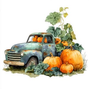 May include: Watercolor illustration of a vintage blue truck filled with pumpkins. The truck bed is overflowing with orange pumpkins of various sizes, surrounded by green foliage. The truck has a weathered, rustic appearance.