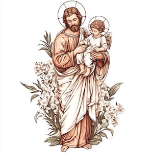 8 Saint Joseph Clipart, St. Joseph with Baby Jesus Line Art Drawing Black and White Design High Quality PNGs Bundle Paper Craft Junk Journal