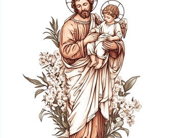 8 Saint Joseph Clipart, St. Joseph with Baby Jesus Line Art Drawing Black and White Design High Quality PNGs Bundle Paper Craft Junk Journal