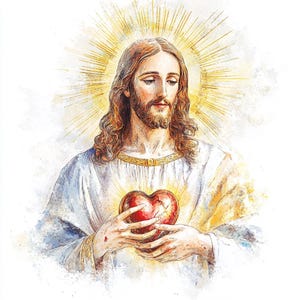 May include: Watercolour illustration of a figure with long brown hair and a beard, wearing a white robe. The figure holds a red heart with a golden glow. A golden halo radiates behind the figure's head.