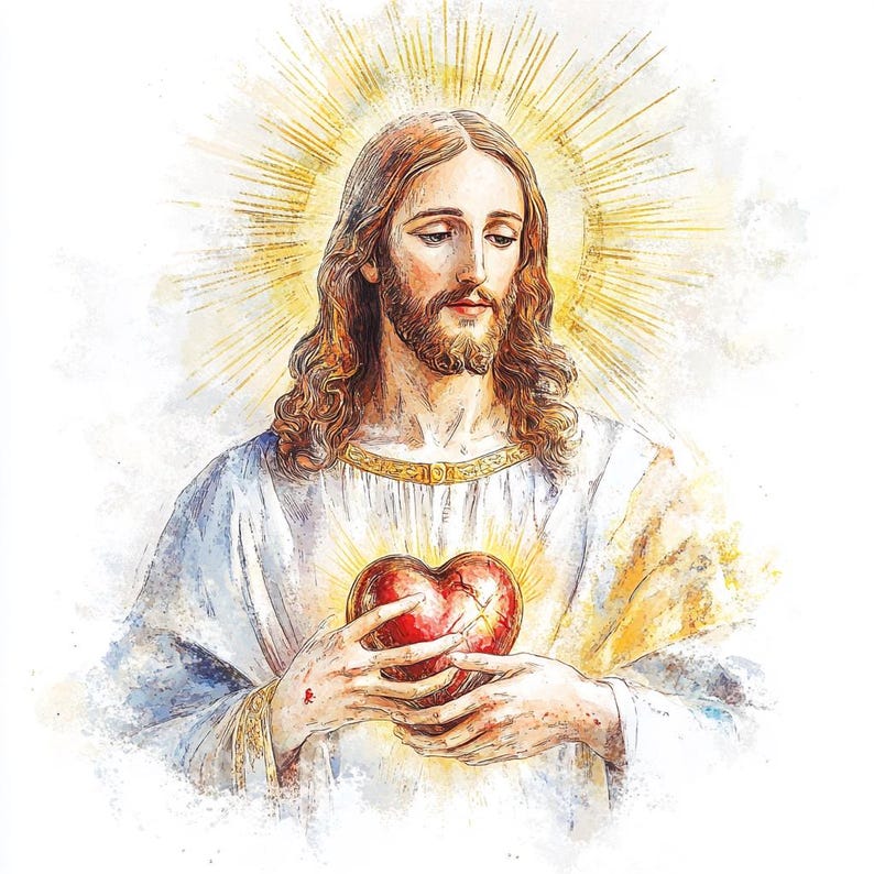 May include: Watercolour illustration of a figure with long brown hair and a beard, wearing a white robe. The figure holds a red heart with a golden glow. A golden halo radiates behind the figure's head.