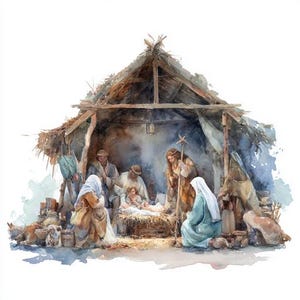 May include: Watercolor painting of a nativity scene. The scene depicts a rustic wooden shelter with figures gathered around a baby in a manger. The color palette includes muted browns, blues, and golds, creating a serene and reverent atmosphere.