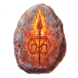 May include: A weathered, oval stone featuring a fiery spear and a geometric symbol. The spear is topped with a flame, and the symbol is a series of connected shapes. The stone has a mottled, reddish-brown and grey appearance.