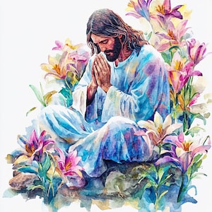 8 Clipart di Gesù Cristo che prega nella scena del giardino. Clipart di Gesù in acquerello. Grafica stampabile in PNG di alta qualità. Artigianato di carta. Diari spazzatura.
