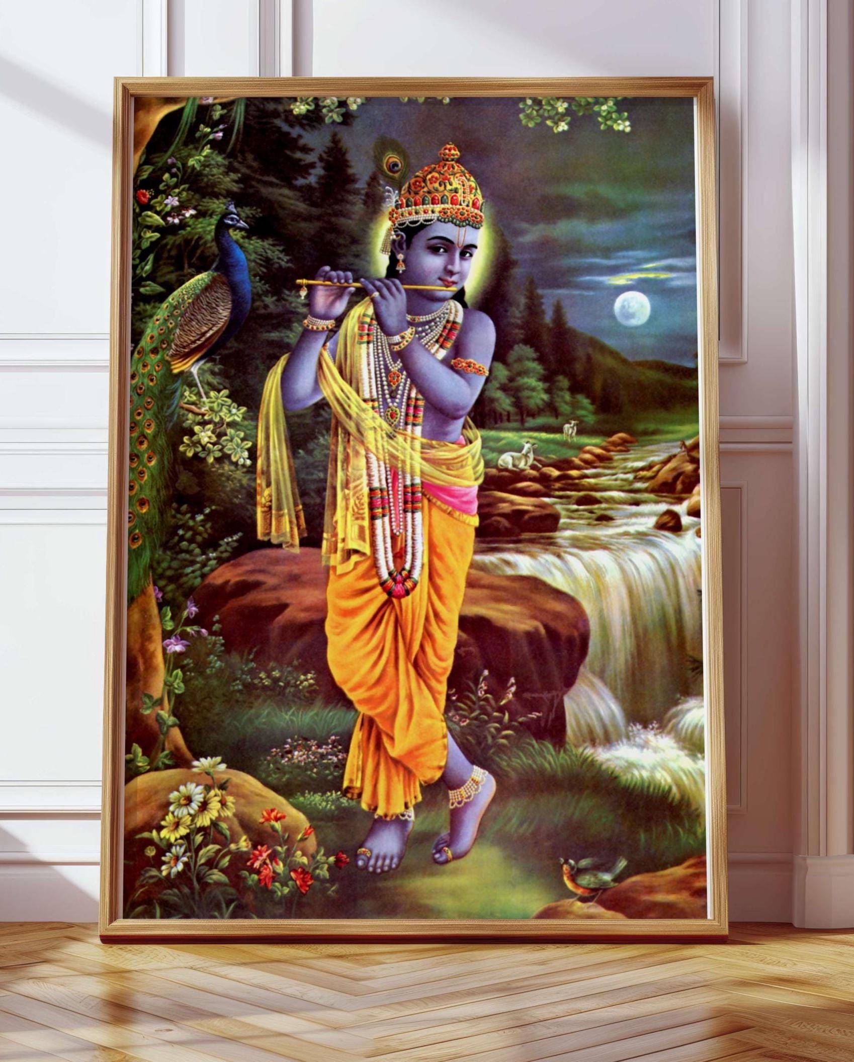 Wanddekoration „Lord Krishna With Cow“ Auf Samtstoff, 20x28 Zoll (ca. 51x71 Cm) – Ungerahmt, Indische Hindu-Kunst