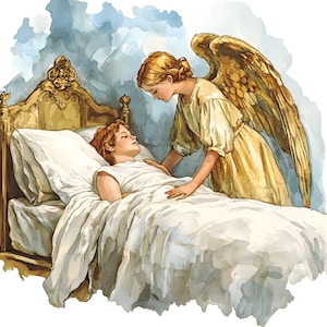 Puede incluir: Ilustración en acuarela de un ángel con alas doradas atendiendo a una persona en la cama. La persona está acostada, cubierta con sábanas blancas, con un cabecero dorado detrás. El ángel viste una túnica color crema.