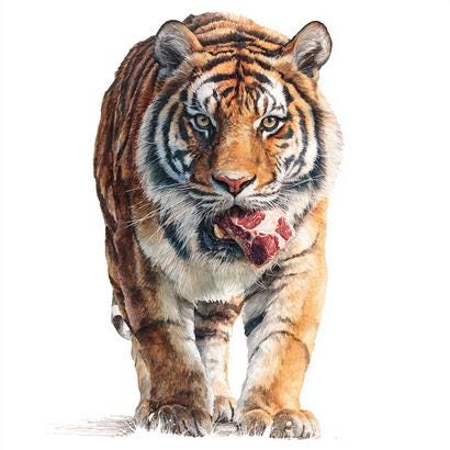 8つの空腹の虎のクリップアート、リアルな野生動物、怒った虎の水彩画