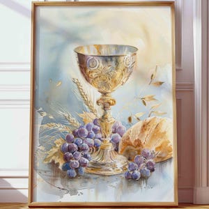 Puede incluir: Pintura a la acuarela de un cáliz dorado, uvas y pan. El cáliz es ornamentado con grabados detallados. Uvas moradas y una hogaza de pan están dispuestas alrededor del cáliz. La obra de arte está enmarcada en un marco de madera.