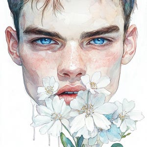 8 Man Face Clipart Watercolor Man with Flowers Illustration Male Guy Gay Clipart Handsome Man Portrait PNG Digital Paper Crafts Junk Journal