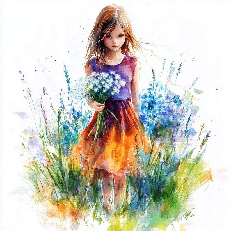 8 Girl in Wildflower Meadow Clipart Colorful Flower Field Watercolor ...