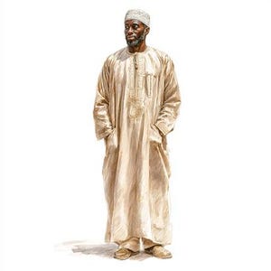 May include: Illustration of a man wearing a cream-colored, long-sleeved robe with embroidered details and pockets. He is also wearing a matching cap and shoes. The artwork is a full-body portrait against a white background.