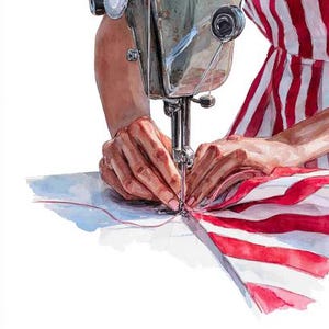 Puede incluir: Ilustración en acuarela de una máquina de coser vintage en acción. La aguja perfora tela a rayas rojas y blancas. Las manos del artista guían el material, creando una costura. La imagen captura la esencia de la costura y la artesanía textil.